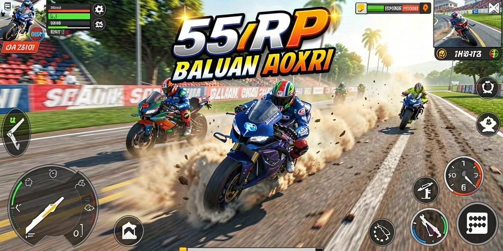 Screenshot gameplay 55RP menampilkan aksi balapan motor yang penuh kecepatan.