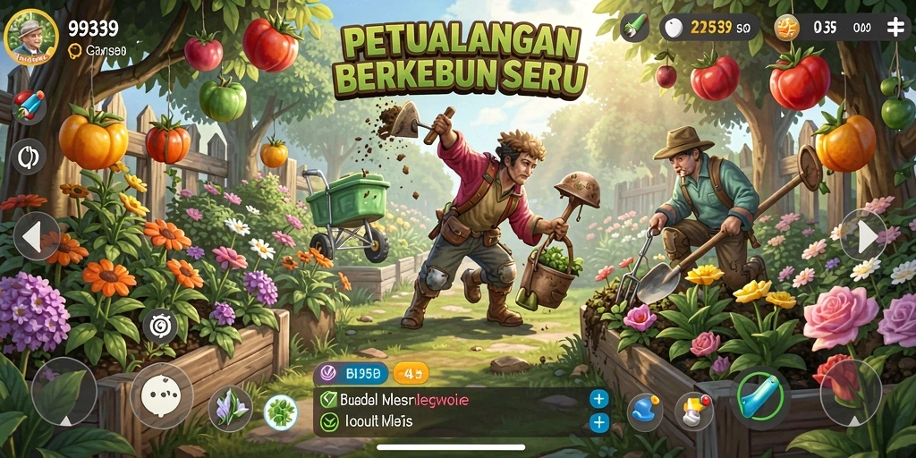 Tampilan gameplay 9939 dengan kebun yang rimbun dan hewan lucu.