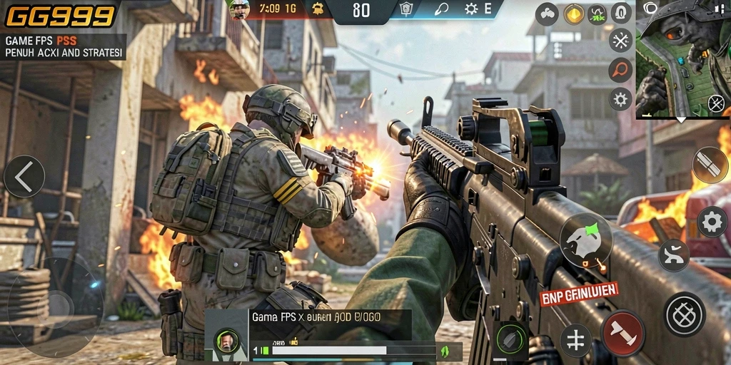 Screenshot utama GG999 menampilkan aksi tembak-menembak yang intens.