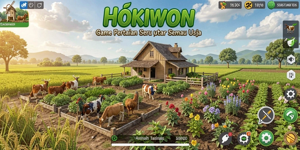 Tampilan gameplay HOKIWON menunjukkan lahan hijau yang subur dan aktivitas berkebun.