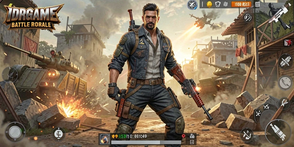 Screenshot utama IDRGAME menunjukkan aksi intens pertempuran Battle Royale.