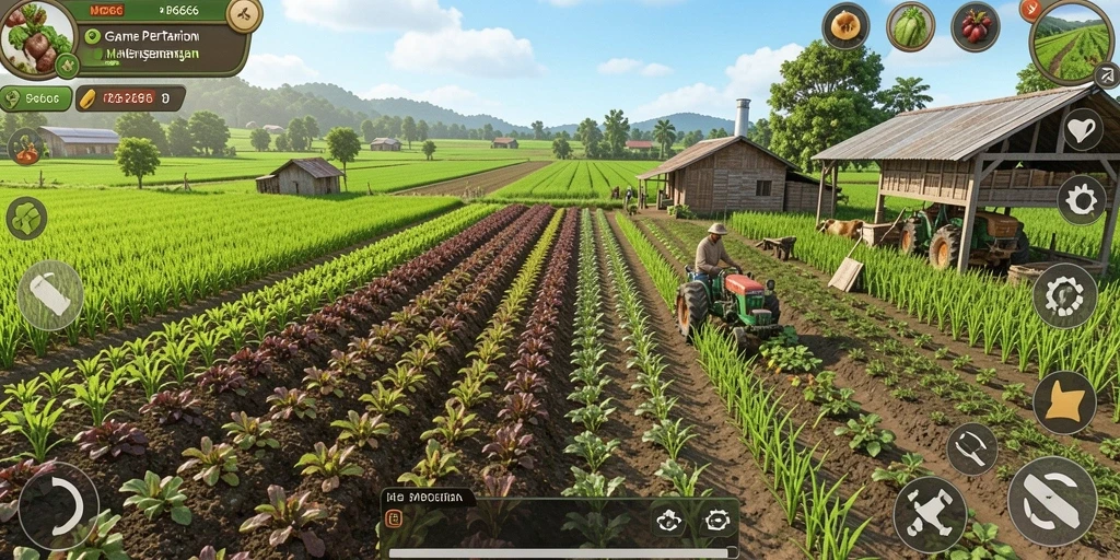 Tampilan gameplay MPO666 dengan aktivitas bertani yang seru.