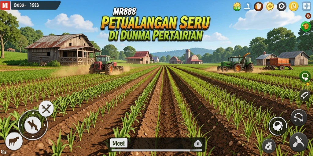 Screenshot gameplay MR888 menampilkan ladang hijau penuh tanaman.