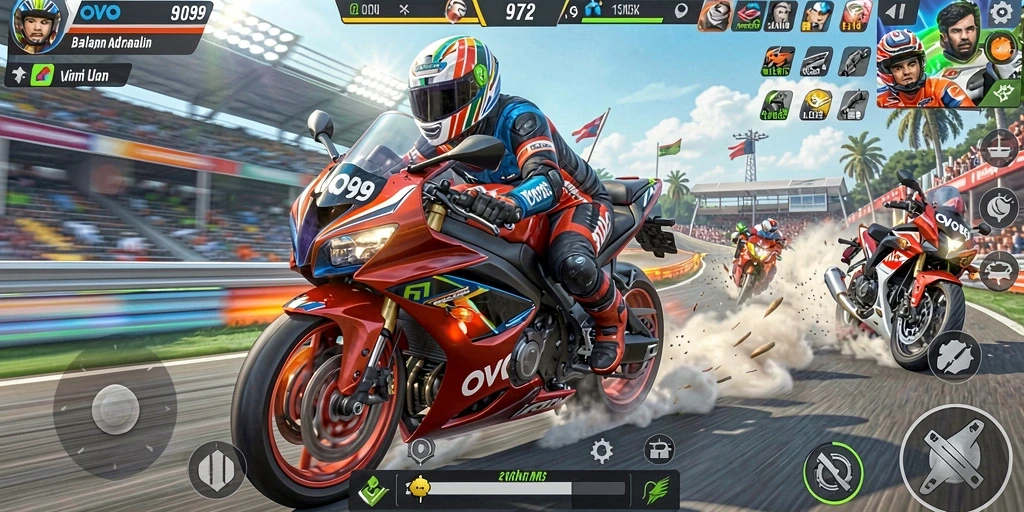 Gameplay mendebarkan dari OVO99 yang penuh aksi balapan motor.