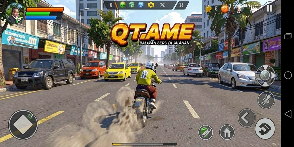 Gameplay balapan QTGAME yang menegangkan dan penuh aksi.