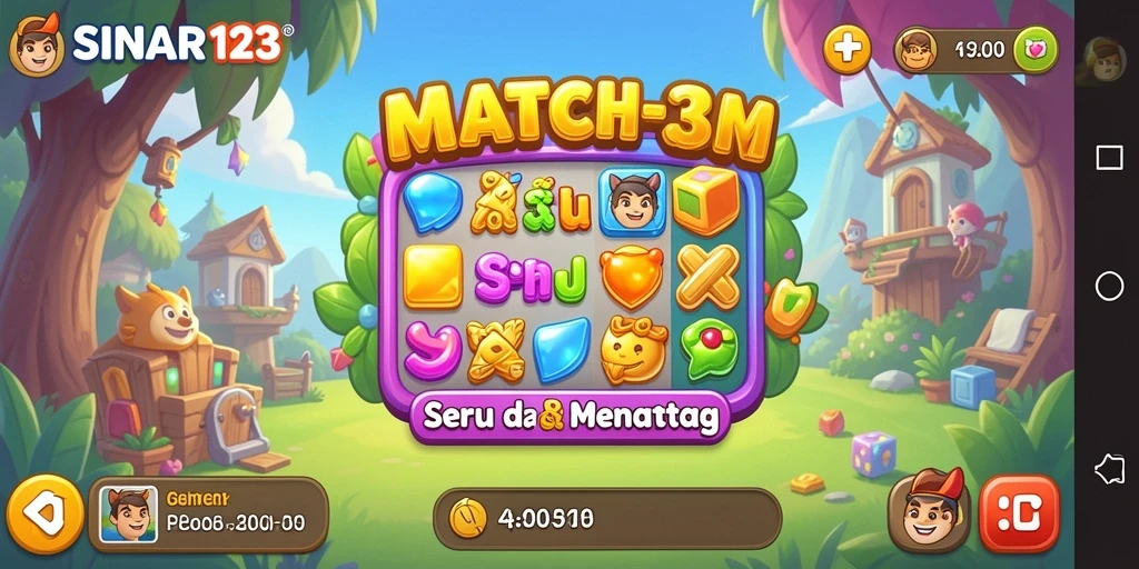 Tangkapan layar gameplay SINAR123 yang menampilkan momen menyenangkan dalam permainan Match-3.