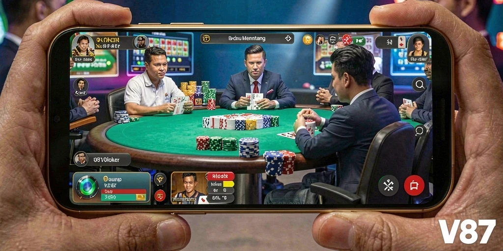 Screenshot gameplay seru dari V87 menunjukkan momen mendebarkan di meja poker.