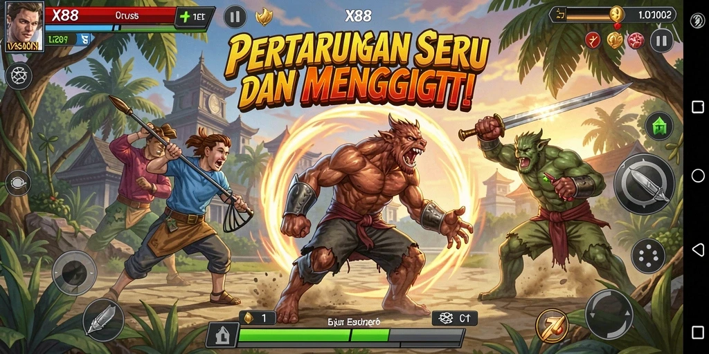 Screenshot utama X88 menampilkan pertarungan epik antar karakter.